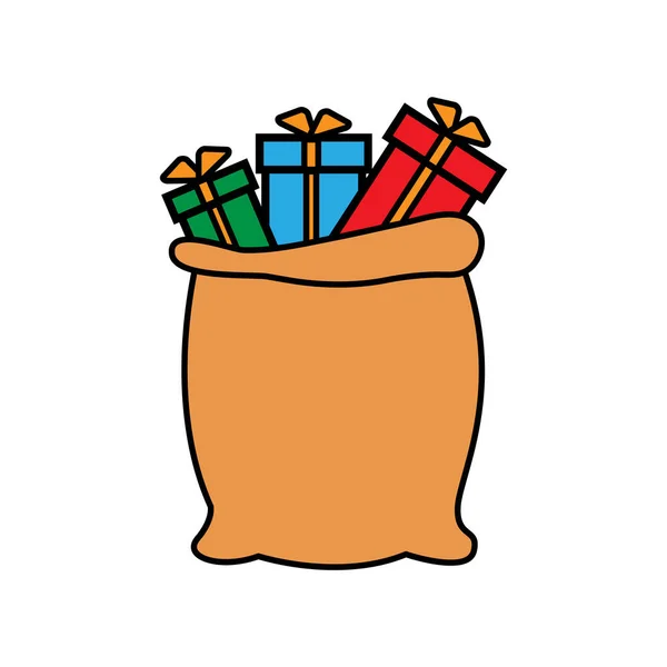 Kerstman cadeaus in zak. Kerstcadeautjes zak, stapel snoepjes cadeau en kerst vector illustratie — Stockvector