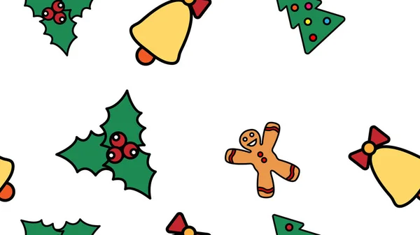 Рождественские печенья бесшовный векторный фон. Праздничный узор пряничное дерево, колокольчик, ангел, конфетка, снежинка — стоковый вектор