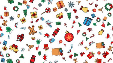 Kış nesneleriyle kusursuz desen. Mutlu Noeller, mutlu noeller bayram eşyaları ve sembolleri. Çocukluk, Holly.