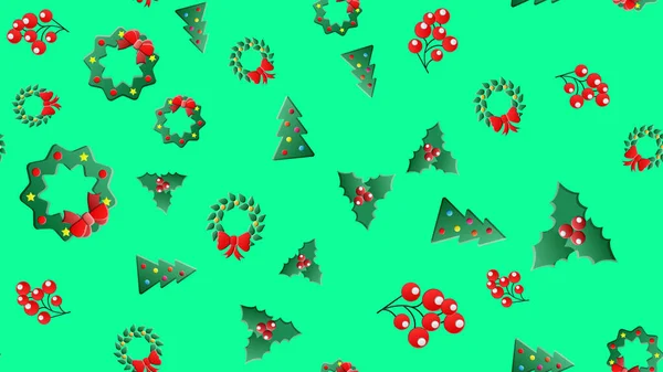 Бесшовный рождественский узор с леденцами, рождественский бал, носки и шляпа Санта Клауса, лента лука и ягоды Холли красные, белые зеленые backgorund. Симпатичный простой плоский вектор, конструкция для оберточной бумаги — стоковый вектор
