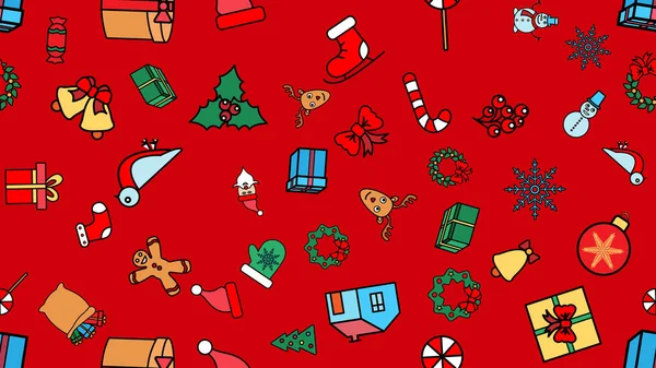 Κινούμενα σχέδια χαριτωμένα κανίς Πρωτοχρονιά απρόσκοπτη μοτίβο. Πολύχρωμο λεπτομερές, με πολλά αντικείμενα φόντο. Όλα τα αντικείμενα ξεχωριστά. Backdrop με τα σύμβολα και τα στοιχεία των Χριστουγέννων — Διανυσματικό Αρχείο