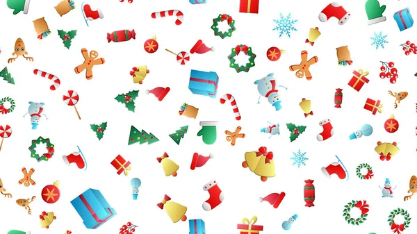 Ручной рисунок зимы. Рождественская модель. Зимние элементы. Олени, снежинки, Холли, рождественские шары, снежки, ели, варежки, сладости, свечи, подарки, конус — стоковый вектор