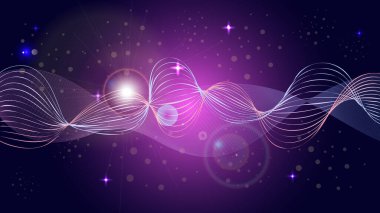 Akan enerji parçacıkları, karışık noktalar dalgası. Eğri noktalı 3d çizgileri vektör etkisi çizimi. 3D fütüristik teknoloji biçimi
