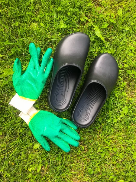 rubber galoshes and green construction gloves lie on the green grass. gardening tools. gardening, agriculture. growing crops for winter harvesting and pet food. autumn harvest