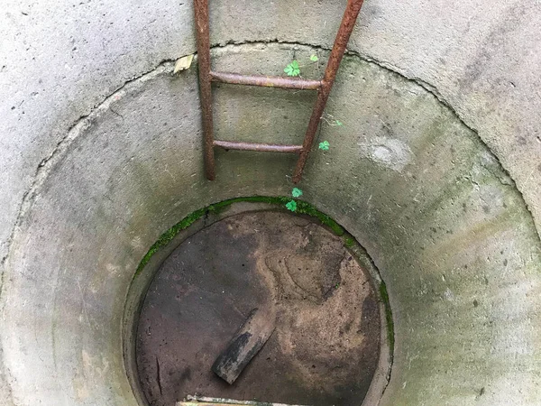 Homemade well. concrete rings are installed in the courtyard of the house to extract resources from the ground. moss grows inside and there is a rusty staircase. abandoned well — Stock Photo, Image