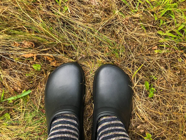 comfortable and stylish clothes for the forester. black rubber galoshes are worn on feet in warm woolen socks. insulation to cold weather. autumn wet weather. clothes for walking on wet grass