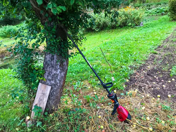 A lawn mower stands near a tree. a mowing machine stands near the apple tree, waiting for the gardener. harvesting yellowed autumn grass. preparing the garden for winter — Stock Photo, Image