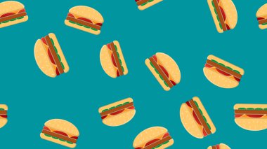 Mavi arka planda hamburgerlerin deseni, vektör çizimi. Lezzetli fast food. Mutfak dekorasyonu. Etli, otlu ve peynirli hamburgerler fast food için.