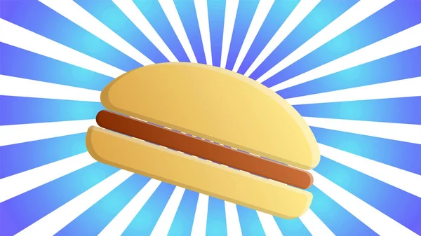 Bunte und helle Burger auf blauem und gelbem Hintergrund mit Streifen, Vektorillustration. appetitanregender Burger vor inszeniertem Hintergrund. Tapete für Café, Fast Food. Snack mit einem Sandwich — Stockvektor