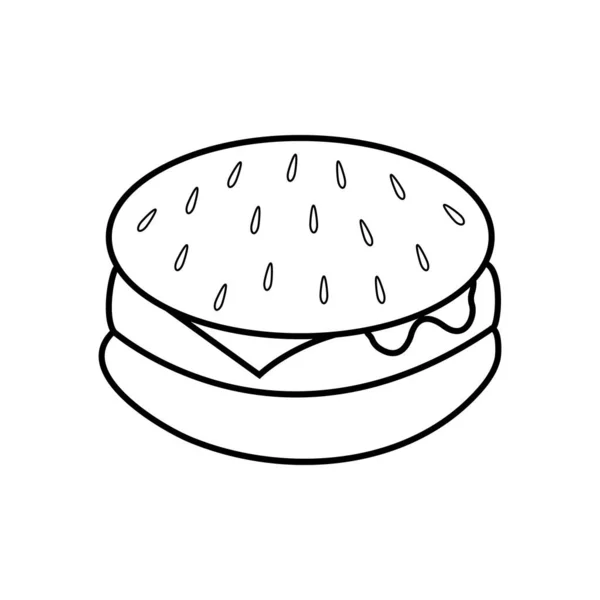 Hamburguesa en blanco y negro, ilustración vectorial. hamburguesa blanca con línea negra. semillas de sésamo y semillas se dibujan en la parte superior. bollos apetitosos, comida chatarra. comida rápida, imagen para la cafetería — Archivo Imágenes Vectoriales