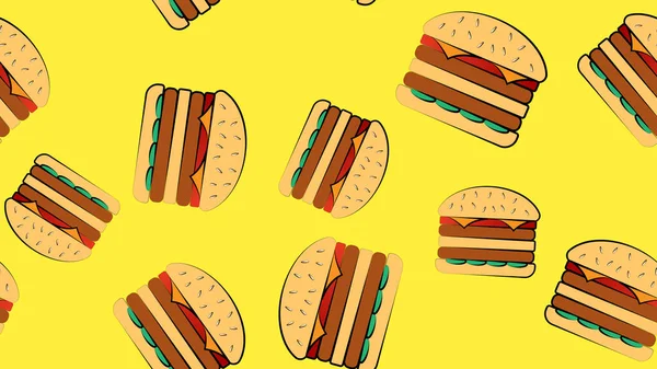 Sarı parlak arka planda hamburgerlerin deseni, vektör illüstrasyonu. Lezzetli fast food. Fast food restoranının dekorasyonu. Etli ve peynirli sulu dolgu. Tatmin etmek için duble burger. — Stok Vektör