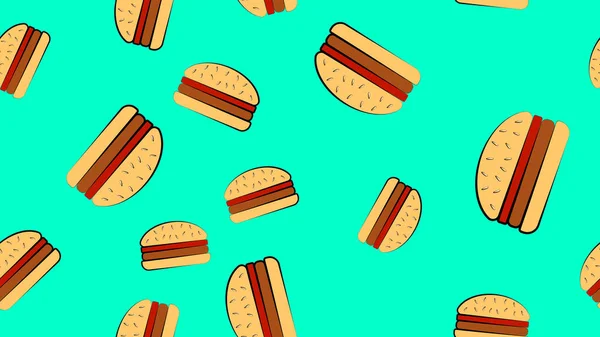 Шаблон гамбургеров на синем фоне, векторная иллюстрация. вкусная фаст-фуд. обои для кафе, дизайн домашнего интерьера. яркие, сочные, цветные гамбургеры для быстрого питания — стоковый вектор