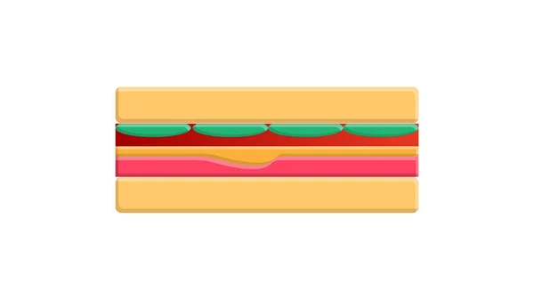 Smakelijke, smakelijke sandwich op een witte achtergrond, vector illustratie. boterham gevuld met vlees, kaas en kruiden. Broodje voor snack en lunch. stevig ontbijt voor het gezin — Stockvector