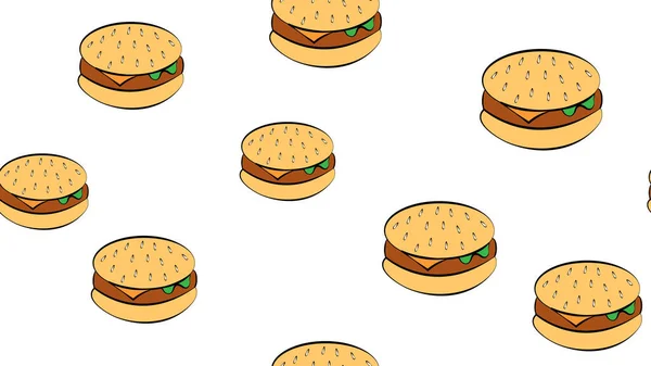 Hambúrgueres apetitosos em um fundo branco, ilustração vetorial. padrão com hambúrgueres brilhantes e coloridos com recheio apetitoso e suculento. hambúrgueres amarelos, castanhos e brilhantes. papel de parede, padrão alimentar — Vetor de Stock