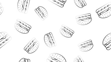 Beyaz arka planda siyah ve beyaz hamburgerlerin deseni, vektör illüstrasyonu. Çizim yapar gibi çiziyorsun. Fast food restoranının dekorasyonu. Açlığı gidermek için hamburger.