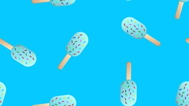 Arkadaki çubukta dondurma, desen, vektör çizimi. Dondurmalı ve şekerli. Kafeler ve restoranlar için duvar kağıdı. Çocuklar için şık bir fast food dekoru