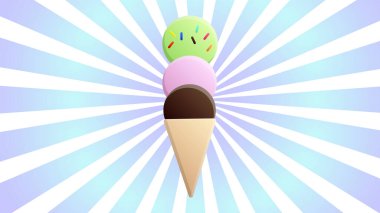 parlak, rüya beyazı bir geçmişe sahip gözleme kabında dondurma, vektör illüstrasyonu. Çocuklar ve yetişkinler için iştah açıcı tatlı bir tatlı. süt tatlılığı