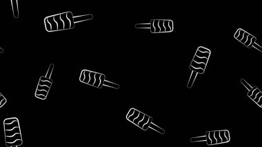 Çubuklu dondurma, siyah arka planda, vektör çizimi, desen. Şeker soslu iştah açıcı tatlı. Duvar kağıdı, ev ve kafe dekoru üzerine pastel boyayla çizilmiş.