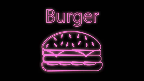 Burger neon segno luminoso. Luminosa etichetta vettoriale di hamburger e lettering — Vettoriale Stock