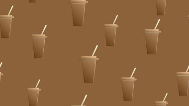 Kahverengi arka planda pipetli bir bardakta kahve, vektör illüstrasyonu, desen. Lokanta, kafe tasarımı için duvar kağıdı. Ev dekorasyonu, pastane. Arka planda kahve fincanları