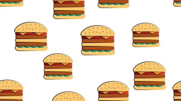 Burger appétissant avec garniture sur fond blanc, illustration vectorielle, motif. les hamburgers volent au-dessus du fond. papier peint pour un café ou une cuisine. décoration et décoration de maison. bijoux élégants — Image vectorielle