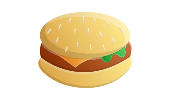 Helle, farbige, appetitliche Burger, Vektorillustration. Brötchen mit Fleisch und Salat, natürliche Füllung. Im Inneren befindet sich eine gelbe Scheibe Stretchkäse. Fast Food, ungesunder Snack aus dem Café — Stockvektor