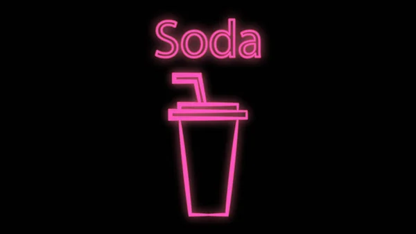 Soda sucré dans un verre, limonade sur fond noir, illustration vectorielle. néon rose avec une inscription en rose. conception d'une confiserie, café. décor de restaurant, boisson sucrée — Image vectorielle