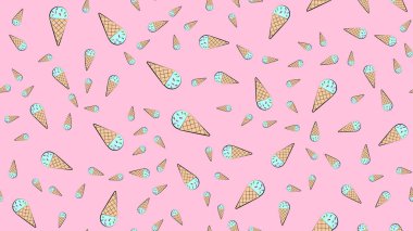 Dondurma, süt, pembe arka planda toplar, vektör çizimi, desen. Çocuklar ve yetişkinler için lezzetli bir tatlı. Kafe ve restoran için duvar kağıdı, mutfak dekorasyonu.