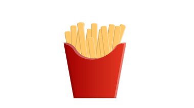 Beyaz arka planda kızarmış patates, vektör çizimi. Kırmızı karton bir çantada patates kızartması. Fast food, soslu fast food. İçten bir öğle yemeği. vejetaryen yemeği