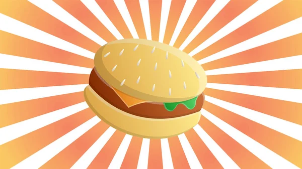 Appetitliche Burger mit Füllung auf hellem, orangefarbenem Hintergrund mit weißen Streifen, Vektorillustration. Burger mit Fleisch und Käse, Salatfüllung. Fast Food. Junk Fatty Food — Stockvektor