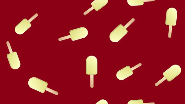 Sorvete doce, leite, picolé branco em um pau em um fundo vermelho, ilustração vetorial, padrão. uma deliciosa sobremesa para crianças e adultos. papel de parede para café e restaurante, decoração de cozinha — Vetor de Stock