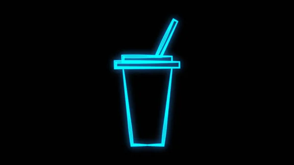 Kaffe i ett glas med ett sugrör, på en vit bakgrund, vektor illustration. neonskylt i blått. belysning för caféer och restauranger. inredning av kafé, konditori — Stock vektor