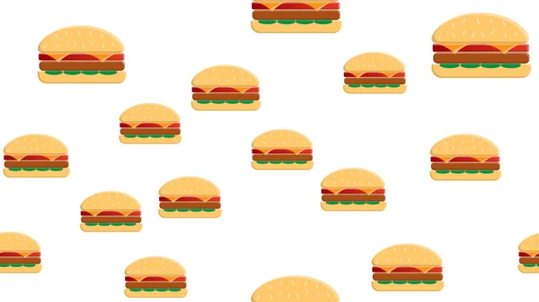 카툰 색깔의 밝고 밝은 윤곽을 가진 햄버거가 녹색 배경이 없는 패턴으로 있습니다. 패스트 푸드 레스토랑이나 카페 메뉴 배너, 직물, 포장지, 패키지, 커버를 위한 코믹 플랫 팝 아트 버거 질감 — 스톡 벡터