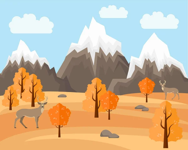 Autumn Landscape with deers in Flat Style Illustartion. Mountains and trees. Mountain autumn landscape
