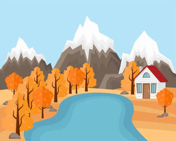 Flat Vector Landscape Illustration in Autumn. Country house near the pond and mountains with forest. Mountain autumn landscape