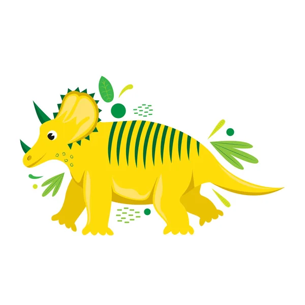 Flat vector isolated cartoon dinosaur with abstract leaves.