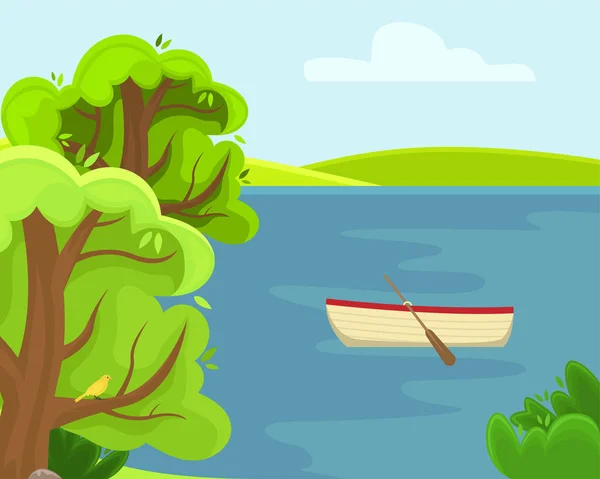 Spring rural landscape with a lake. Sunny summer day. Wooden boat. Flat cartoon style.
