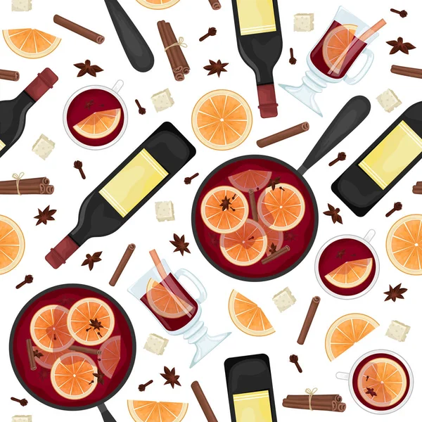 Vector seamless pattern with red mulled wine in a pot with orange
