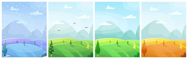 Set of seasonal flat vector cartoon landscape. Fields with trees