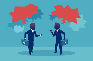 Flat style of two businessman having debates during meeting with red speech bubbles on blue background clipart