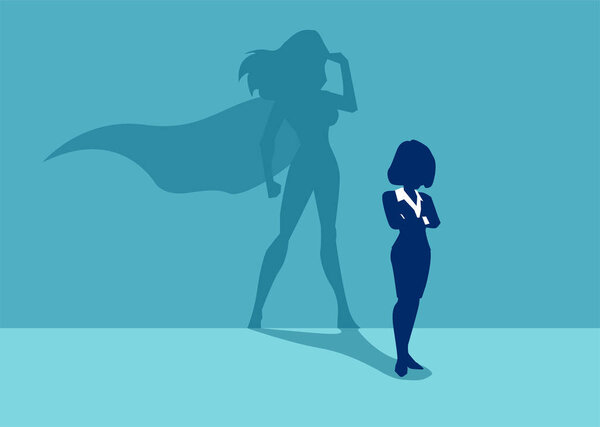 Vector of a strong business woman with a shadow imagining to be a super hero looking aspired.  