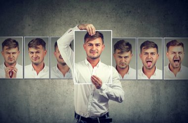 Masked young man expressing different emotions  clipart