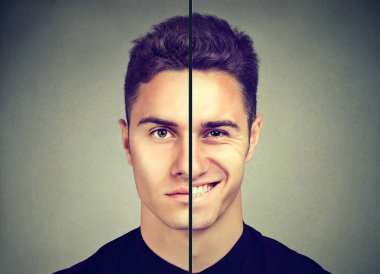 Bipolar bozukluk. Adam gri arka plan üzerinde izole çift yüz ifadesi ile