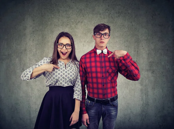 Young Stunned Man Woman Standing Together Pointing Themselves Being Selected — Stock Photo, Image