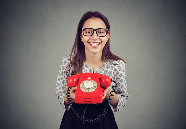 Cute Happy Woman Retro Style Red Telephone — Stock Photo, Image