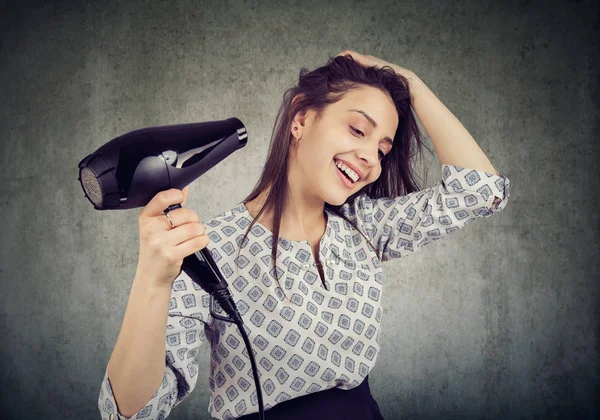 Smiling Young Woman Drying Her Hair Hairdryer — Stock Photo, Image