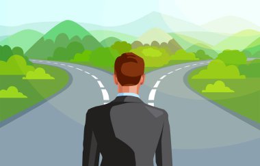 Bir iş adamı önünde iki yol hayatta gitmek için hangi yolu karar düşünme vektör 
