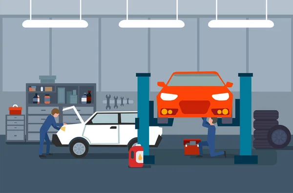 Proces Auto Band Diensten Werken Auto Reparatie Mechanica Vectorillustratie — Stockvector