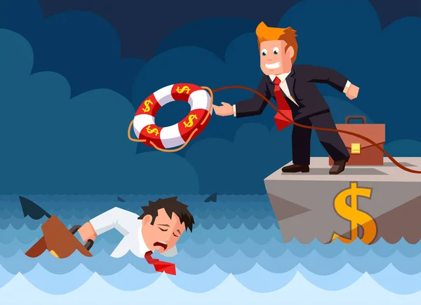 Cartoon Vector Flat Style Bank Employee Throwing Lifebuoy Drowning Businessman — Stock Vector