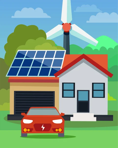 Ilustración Vectorial Plana Coche Eléctrico Frente Una Casa Con Paneles — Vector de stock